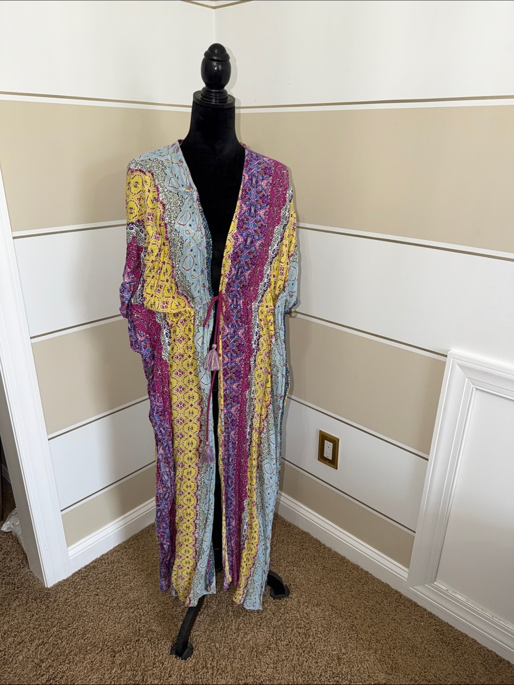 lovestitch Multi-Color Printed Kimono Cape - Yellow, Pink & Light Blue